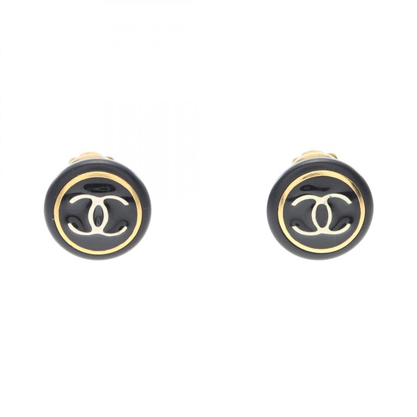 CHANEL COCO Mark Round clip Earring Gold Plated Plastic Black Used Women CC