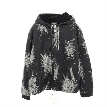 CHANEL COCO Mark Boa Hoodie ＃L zip-up P80197K11599 cotton Black Used Women