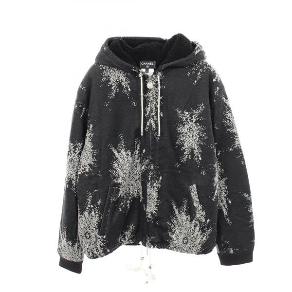 CHANEL COCO Mark Boa Hoodie ＃L zip-up P80197K11599 cotton Black Used Women