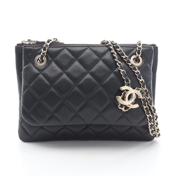 CHANEL Matelasse chain Shoulder Bag pouch Lambskin leather Black Used Women GHW