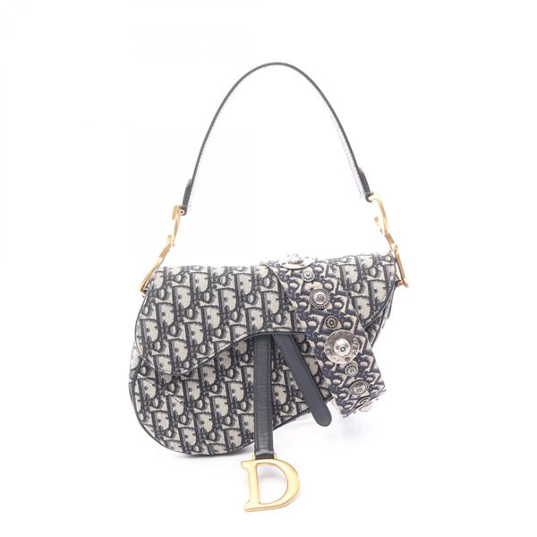 Chrisitan Dior Saddle shoulder hand bag Oblique jacquard leather Beige Navy Used