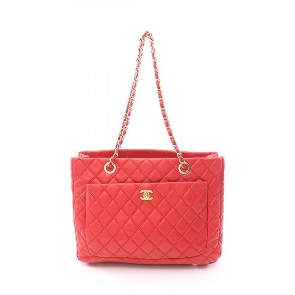 CHANEL Matelasse Tote chain shoulder Bag Lambskin leather Red Used Women GHW