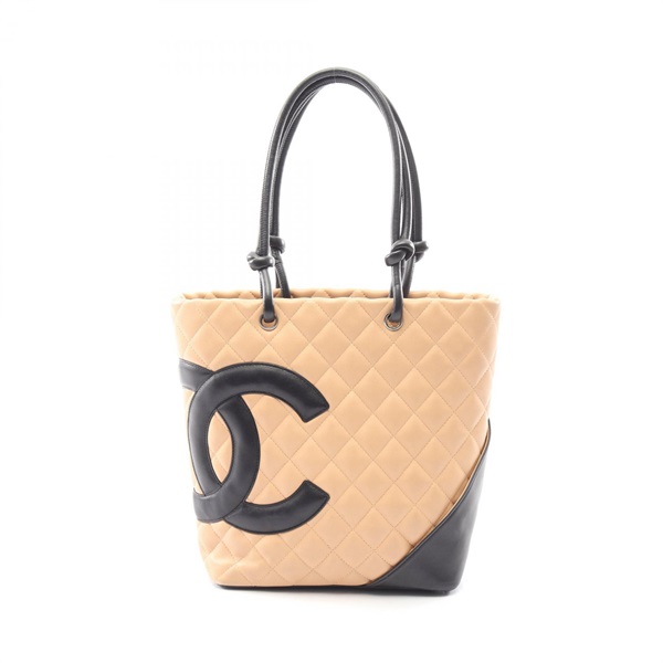CHANEL Cambon line medium Tote hand Bag A25167 leather Beige Black Used Women