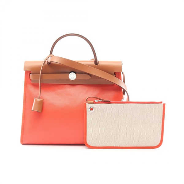 HERMES Herbag Zip PM shoulder Handbag D Toile H Berline Hunter Capucine Ecru SHW