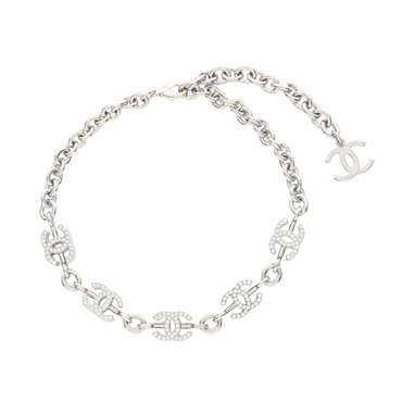 CHANEL COCO Mark Necklace 37cm Stainless Steel Rhinestone Clear Used Women CC