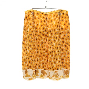 HERMES Floral Pleated Skirt #40 silk Yellow Beige Used Women