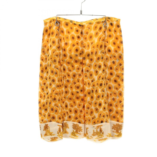 HERMES Floral Pleated Skirt #40 silk Yellow Beige Used Women