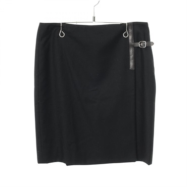 HERMES H Leather Mini Square Skirt 07-7306 wool Black Used Women #40