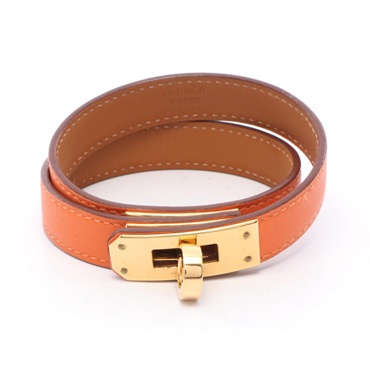 HERMES Kelly Bracelet Double Tour Swift leather Gold Plated Orange Used Z GHW