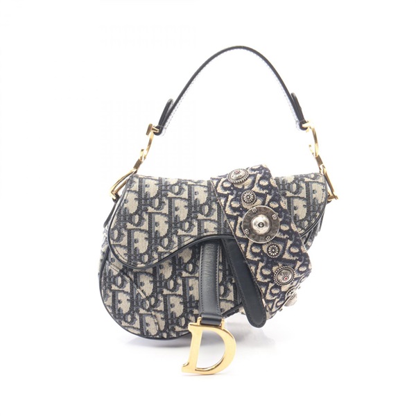 Dior Saddle bag Mini Oblique Shoulder Crossbody canvas leather Beige Navy Used