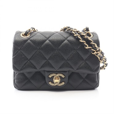 CHANEL Mini Matelasse CC Snake chain Shoulder Bag Calfskin leather BK Used GHW
