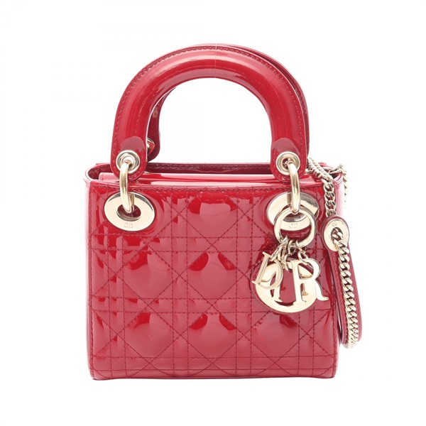 Dior Lady Dior Mini Cannage Shoulder Handbag Patent leather Red Used Women