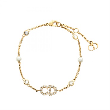 Christian Dior CD Logo Bracelet GP Artificial Pearl Rhinestone White Used Women