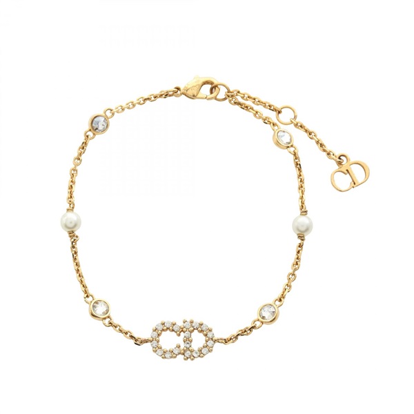 Christian Dior CD Logo Bracelet GP Artificial Pearl Rhinestone White Used Women