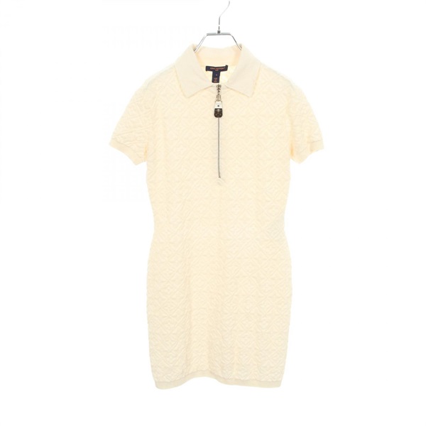 LOUIS VUITTON Monogram Half-Zip Short Sleeve Dress cotton wool Beige Used Women