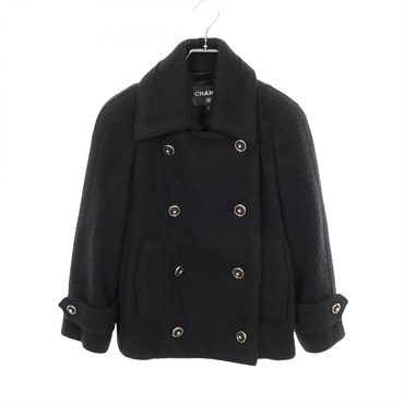 CHANEL COCO Mark button Pea Coat Jacket #34 P64614V47050 wool cashmere BK Used
