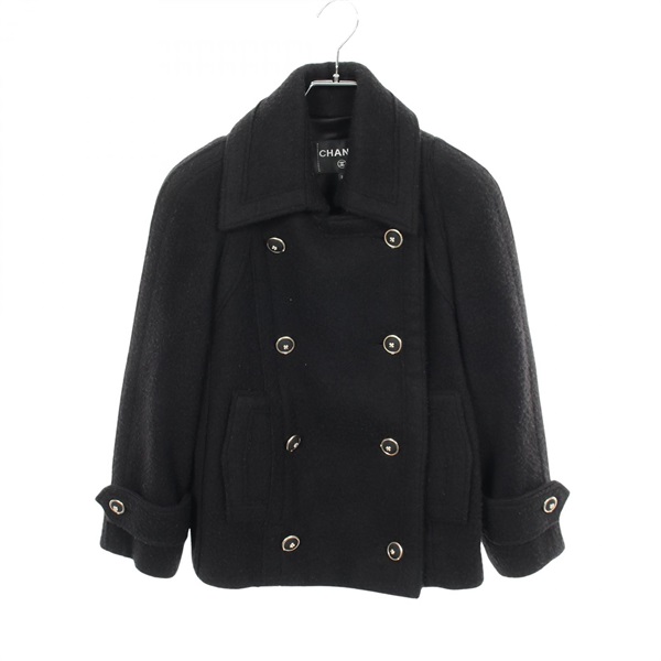 CHANEL COCO Mark button Pea Coat Jacket #34 P64614V47050 wool cashmere BK Used