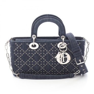 Christian Dior Lady D-Joy Medium 3-Way Handbag denim Navy Used Women