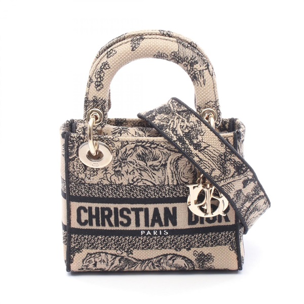 Dior LADY D-LITE Mini Shoulder Tote Handbag canvas Beige Black Used Women Logo