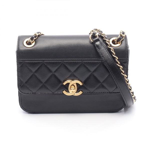 CHANEL Matelasse Mini chain Shoulder hand Bag leather Black Used Women GHW