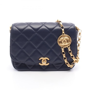 CHANEL Matelasse small flap chain crossbody Shoulder Bag Lambskin Navy Used GHW