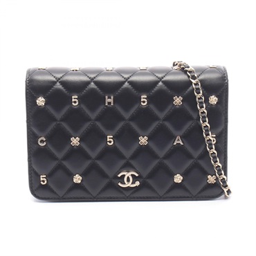 CHANEL Matelasse Icon Charm chain crossbody Shoulder Bag Lambskin Black Used GHW