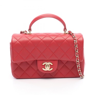 CHANEL Matelasse Top Handle Mini Flap Chain Crossbody Handbag AS2431 leather Red