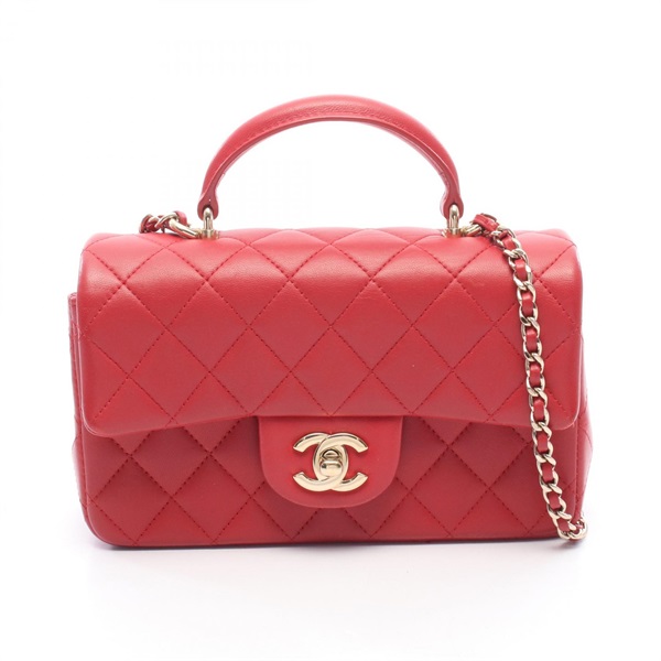 CHANEL Matelasse Top Handle Mini Flap Chain Crossbody Handbag AS2431 leather Red