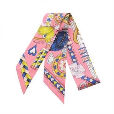 HERMES Twilly HARNAIS DE COEUR Ribbon Scarf Silk Pink Multicolor Blue Used Women