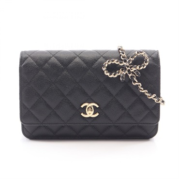 CHANEL Matelasse Chain Shoulder Crossbody Bag Wallet WOC leather Black GHW Used