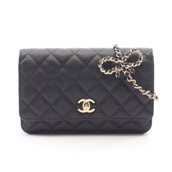 CHANEL Matelasse Chain Shoulder Crossbody Bag Wallet WOC leather Black GHW Used