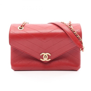 CHANEL Chevron V Stitch chain Shoulder Bag leather Red Used Women GHW