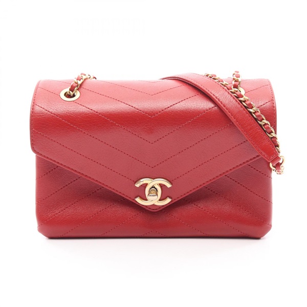 CHANEL Chevron V Stitch chain Shoulder Bag leather Red Used Women GHW