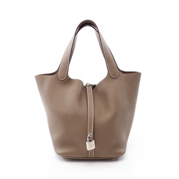HERMES Picotin Lock MM Handbag Z Taurillon Clemence Etoupe Grey Used SHW