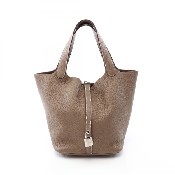 HERMES Picotin Lock MM Handbag Z Taurillon Clemence Etoupe Grey Used SHW