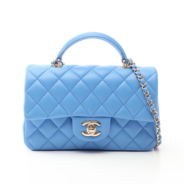 CHANEL Matelasse Top Handle Mini Flap Chain Crossbody Shoulder Bag AS2431 Blue
