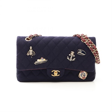 CHANEL Matelasse W flap Chain Shoulder Bag A01112 wool leather Navy Used CC GHW