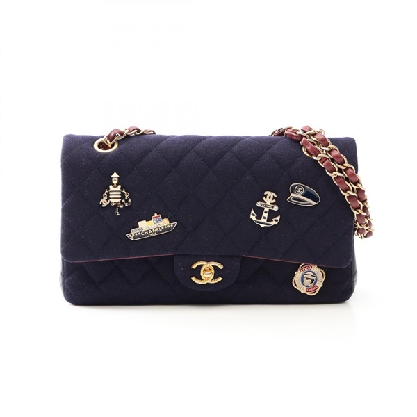 CHANEL Matelasse W flap Chain Shoulder Bag A01112 wool leather Navy Used CC GHW
