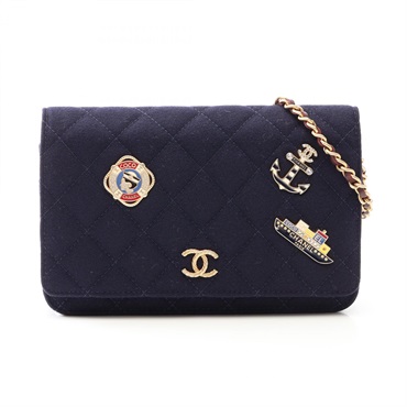 CHANEL Matelasse Marine Charm Chain Shoulder Bag Cotton jersey Navy Used GHW CC