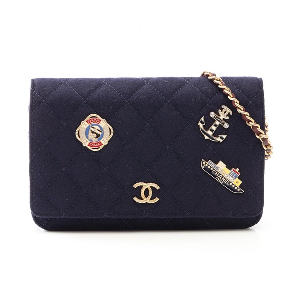 CHANEL Matelasse Marine Charm Chain Shoulder Bag Cotton jersey Navy Used GHW CC