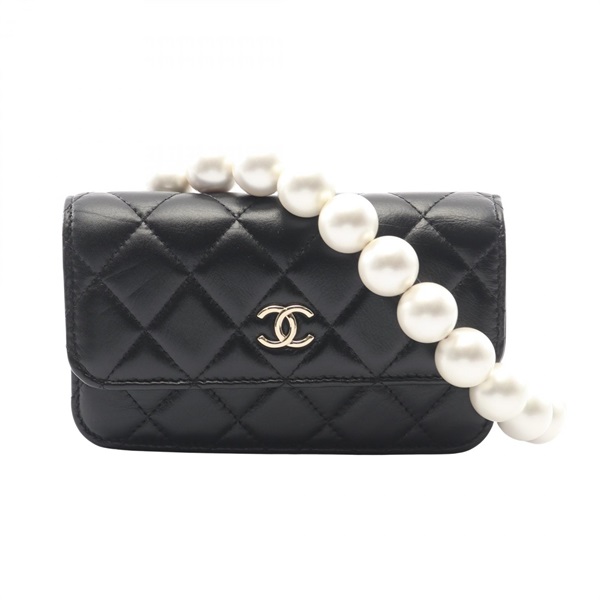 CHANEL Matelasse Pearl Chain Shoulder Bag Wallet AP1838 leather Black GHW Used