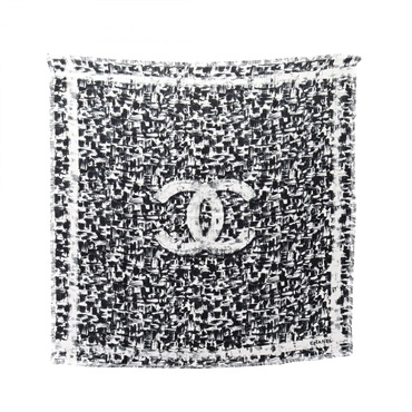 CHANEL COCO Mark Square Scarf Wrap Stole silk Black White Used Women CC