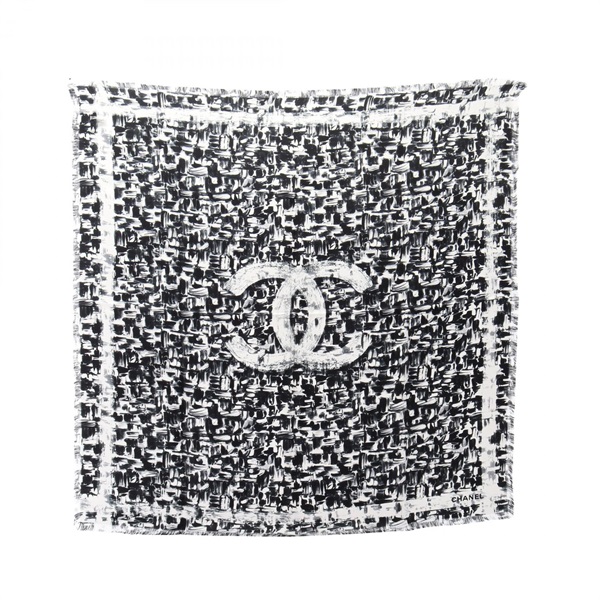CHANEL COCO Mark Square Scarf Wrap Stole silk Black White Used Women CC