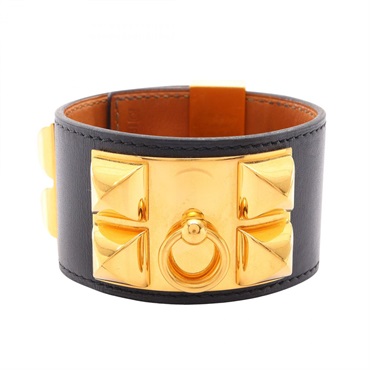 HERMES Collier de chien Bangle Box calf leather Gold Plated Black Used Women Q