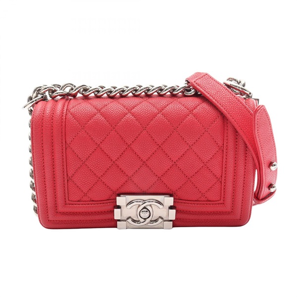 CHANEL Boy Chanel Small Chain Shoulder Handbag Grained Calf leather Red SHW Used