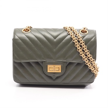 CHANEL 2.55 chevron V stitch chain Shoulder Bag AS0874 calfskin Khaki Used GHW