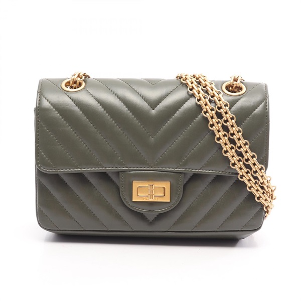 CHANEL 2.55 chevron V stitch chain Shoulder Bag AS0874 calfskin Khaki Used GHW