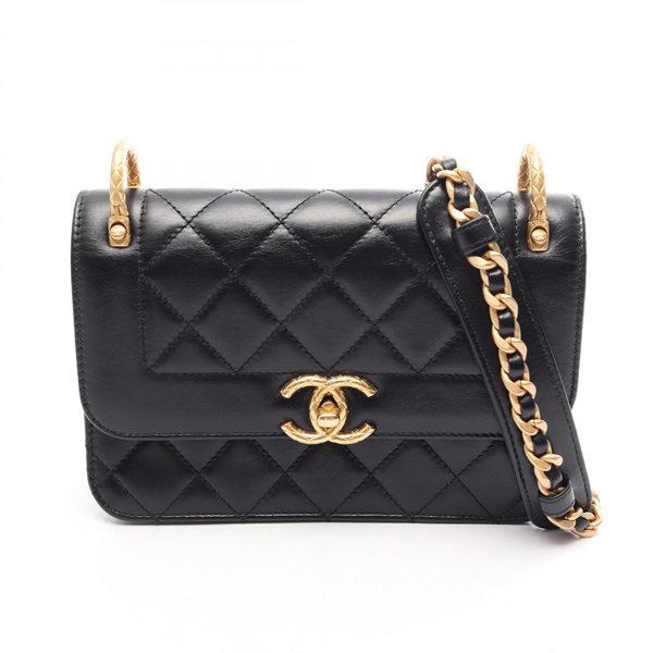 CHANEL Matelasse Small Flap Chain Shoulder Crossbody Bag leather Black GHW Used