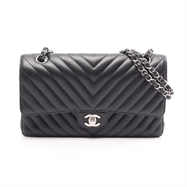 CHANEL Chevron V-stitch W-flap chain Shoulder Bag A01166 leather Black Used SHW