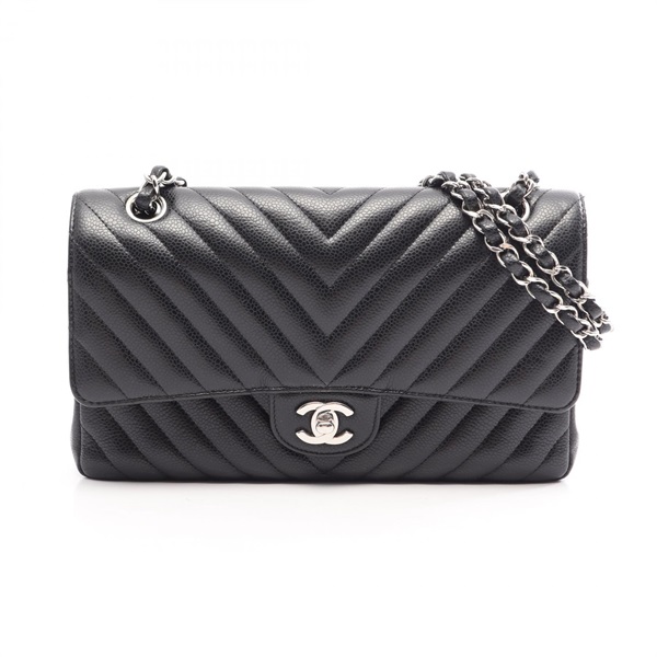 CHANEL Chevron V-stitch W-flap chain Shoulder Bag A01166 leather Black Used SHW